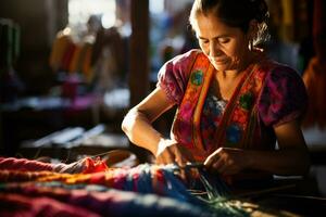Master weaver is weaving fabric . AI Generated photo