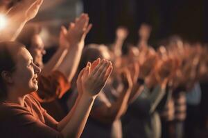 People listening and clapping at conference and presentation. AI Generated photo