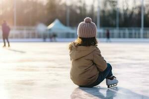 cute child wearing winter clothes and ice skates sitting on ice rink. AI Generated photo