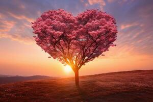 Red Heart Shaped Tree on sunset. AI Generated photo