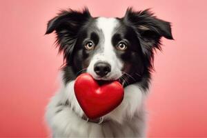 Funny portrait cute puppy dog border collie holding red heart . AI Generated photo