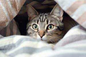 Gray striped cat lying in bed covered with blanket. AI Generated photo