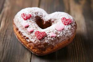 Valentine's Day heart shape pink donut with sprinkles. AI Generated photo