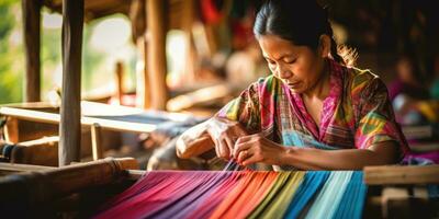 Master weaver is weaving fabric . AI Generated photo