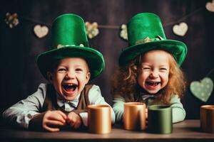 children friends celebrating St. Patrick s Day on brown background. AI Generated photo