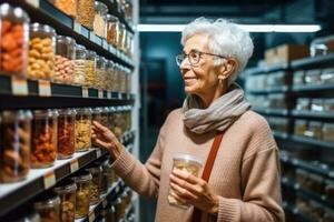 old woman In Supermarket Buying Groceries Food, AI Generated photo