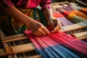 Master weaver is weaving fabric . AI Generated photo