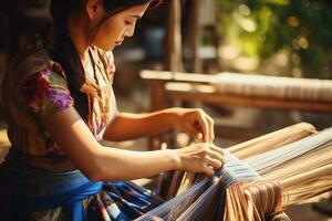 Master weaver is weaving fabric . AI Generated photo