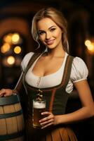 Octoberfest waitress with beer and barrel on bar background. AI Generated photo