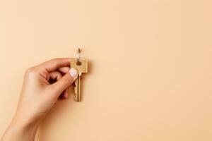 Hand holding key, isolated on beige . AI Generated photo