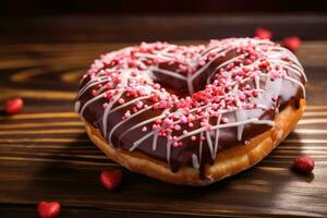 Valentine's Day heart shape pink donut with sprinkles. AI Generated photo