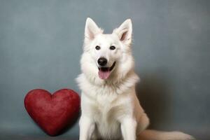 Funny portrait cute dog holding red heart . AI Generated photo