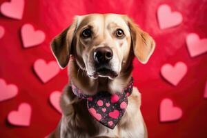 Funny portrait cute puppy dog holding red heart . AI Generated photo