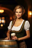 Octoberfest waitress with beer and barrel on bar background. AI Generated photo