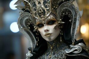 Beautiful woman in black mysterious venetian mask. AI Generated photo