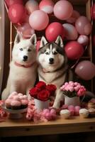 dos dulce fornido cachorros con flores y corazones. ai generado foto