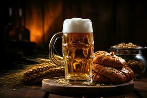 Cold lager beer in glass with wheat and hops on dark wood background top view. AI Generated photo