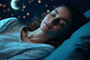 Woman And her Cat Sleeping Cozily on a Bed in Bedroom at Night. AI Generated photo