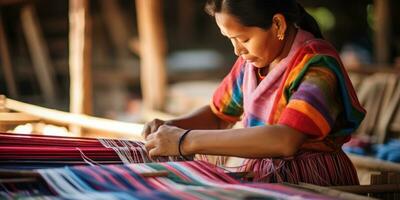 Master weaver is weaving fabric . AI Generated photo