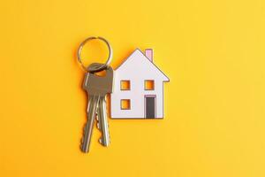 Blank house shaped keychain with two keys, isolated on yellow background. AI Generated photo