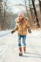 cute child wearing winter clothes and ice skating on ice rink. AI Generated photo