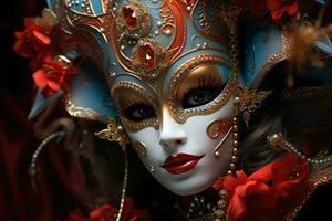 Beautiful woman in black mysterious venetian mask. AI Generated photo