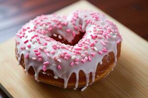 Valentine's Day heart shape pink donut with sprinkles. AI Generated photo