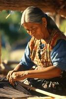 Master weaver is weaving fabric . AI Generated photo