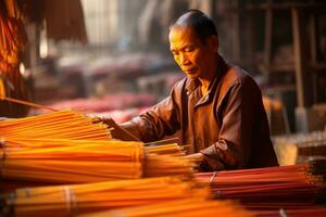 worker in incense sticks. AI Generated photo