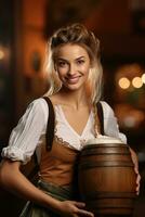 Octoberfest waitress with beer and barrel on bar background. AI Generated photo