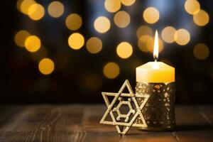 Jewish holiday Hanukkah, candles on blue background. AI Generated photo