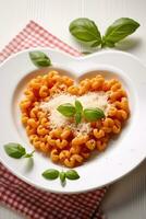 Heart shaped spaghetti with tomato sauce and parmesan cheeses on white plate. AI Generated photo