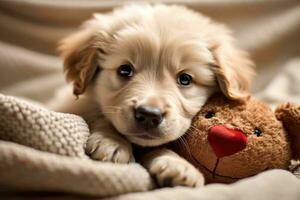 Cute fluffy puppy hugging teddy lying on bed. AI Generated photo