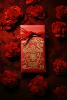 beautiful asian style red envelope on table. AI Generated photo