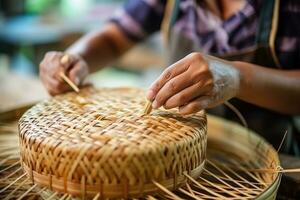 Woman weaving wicker basket indoors. AI Generated photo