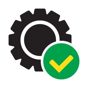 Check mark with gear icon, cog with check icon. vector