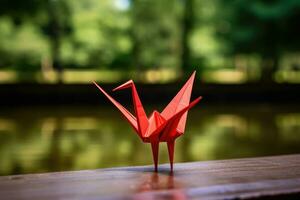 rojo papel origami grua, ai generado foto