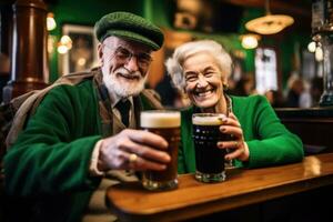 friends with beer celebrating Oktoberfest on bar background. AI Generated photo