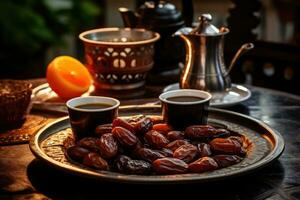 coffee and dates on metal tray. AI Generated photo