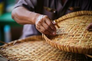 Woman weaving wicker basket indoors. AI Generated photo