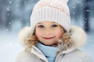 invierno cerca arriba al aire libre retrato de adorable niña en gris de punto sombrero y bufanda.ai generado foto