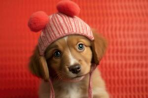 Funny portrait cute puppy dog holding red heart . AI Generated photo