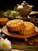 Chinese mid autumn festival mooncake on wooden table, AI Generated photo