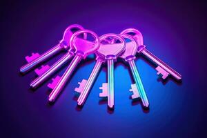 bunch of keys with neon light. AI Generated photo