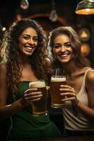 female friends with beer celebrating Oktoberfest on bar background. AI Generated photo