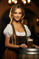 Octoberfest waitress with beer and barrel on bar background. AI Generated photo