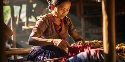 Master weaver is weaving fabric . AI Generated photo