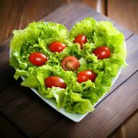 Heart shaped lettuce salad on wooden background. AI Generated photo
