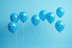 blue balloons on a blue background with a sad face drawn. AI Generated photo