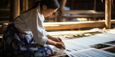 Master weaver is weaving fabric . AI Generated photo